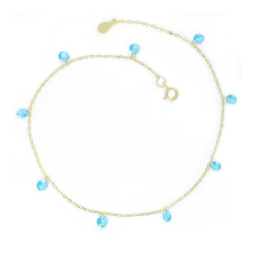 925 Sterling Silver gold plated anklet with light blue crystals