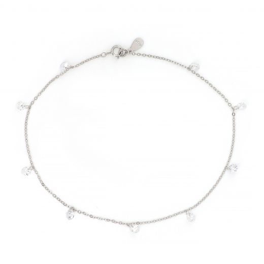 925 Sterling Silver rhodium plated anklet, with white  cubic zirconia