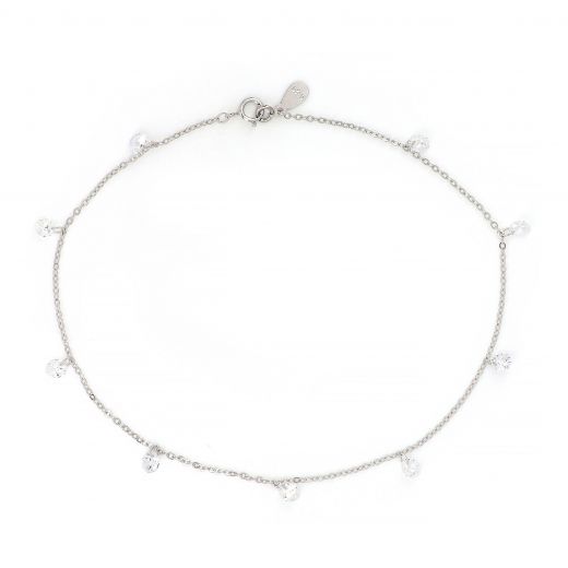 925 Sterling Silver rhodium plated anklet, with white  cubic zirconia