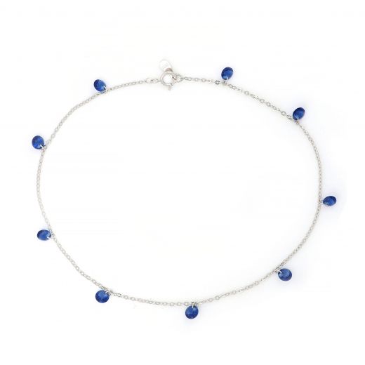 925 Sterling Silver rhodium plated anklet with blue crystals