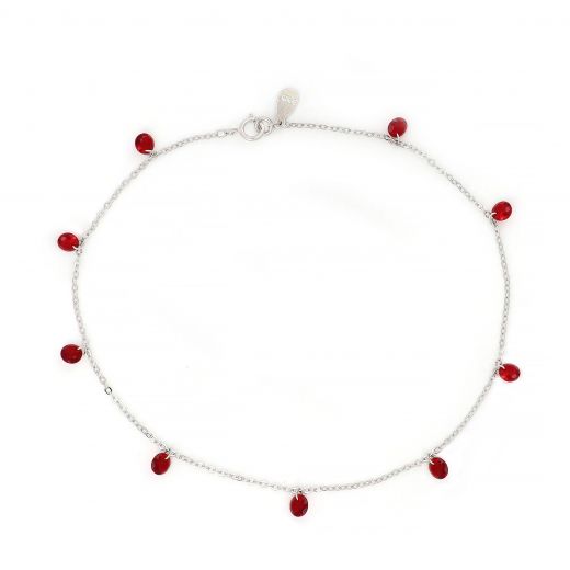 925 Sterling Silver rhodium plated anklet with red crystals