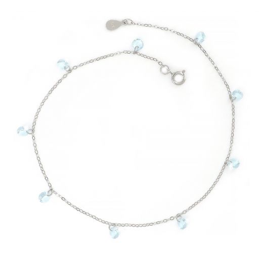 925 Sterling Silver rhodium plated anklet with very light blue crystals
