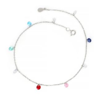 925 Sterling Silver rhodium plated anklet with multicolor crystals
