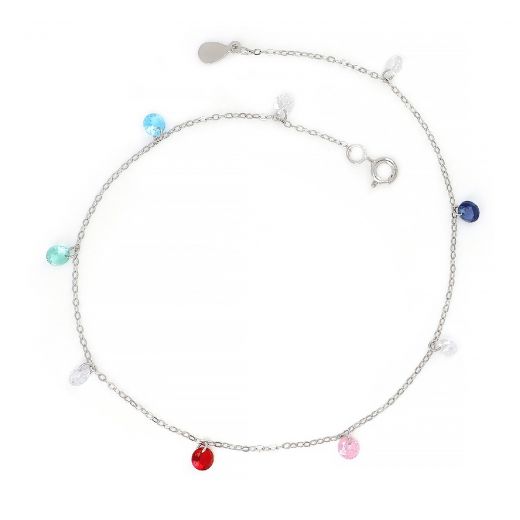 925 Sterling Silver rhodium plated anklet with multicolor crystals