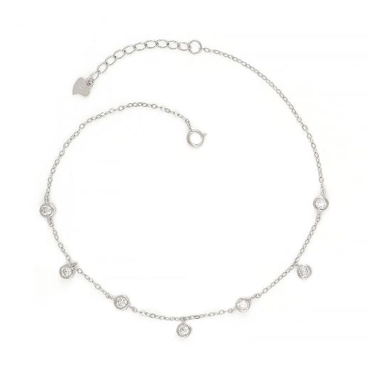 925 Sterling Silver rhodium plated anklet with white crystals