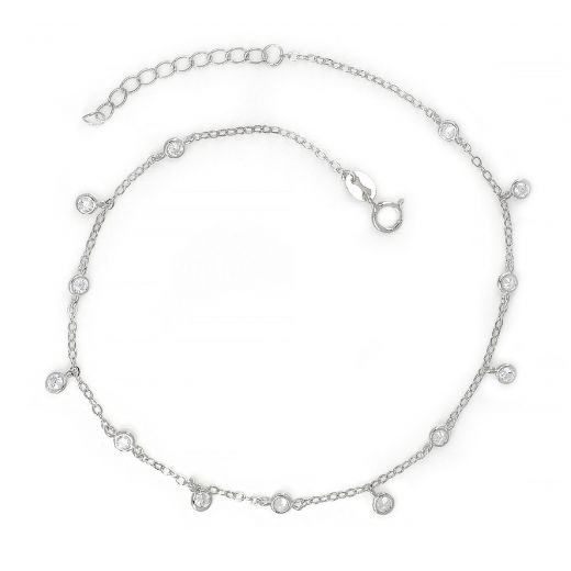 925 Sterling Silver rhodium plated anklet with white crystals and pendants