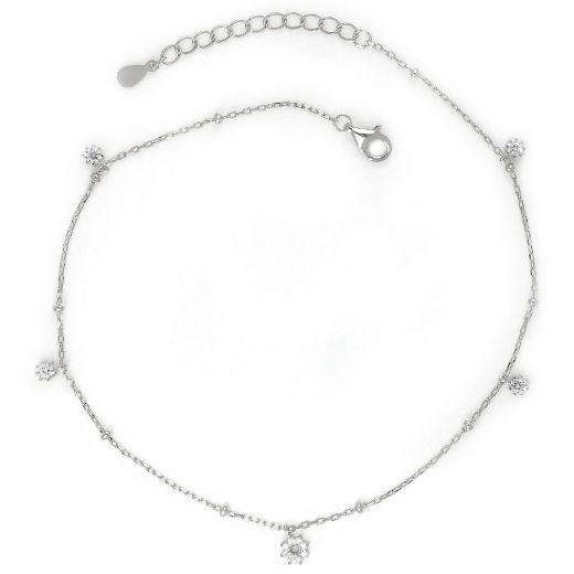 925 Sterling Silver rhodium plated anklet with white zircons in the shape of flowers