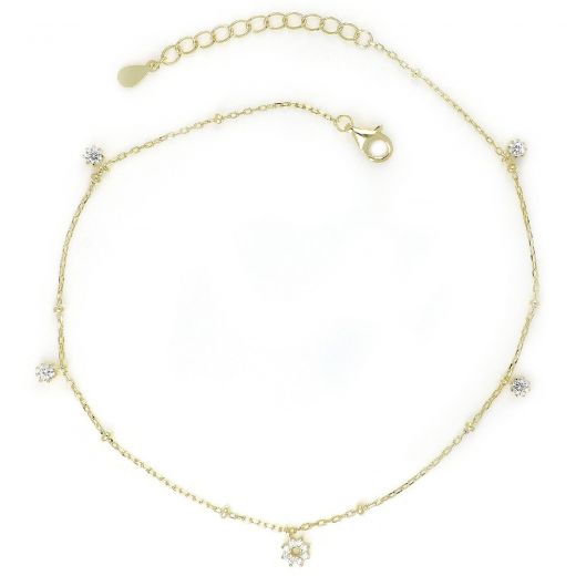 925 Sterling Silver gold plated anklet with white zircons in the shape of flowers