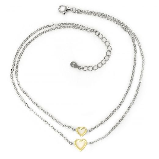 925 Sterling Silver rhodium plated anklet with a double chain and two gold plated hearts