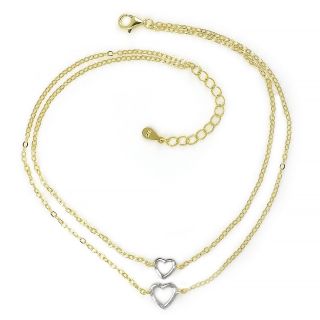 925 Sterling Silver anklet with a double gold plated chain and two silver hearts