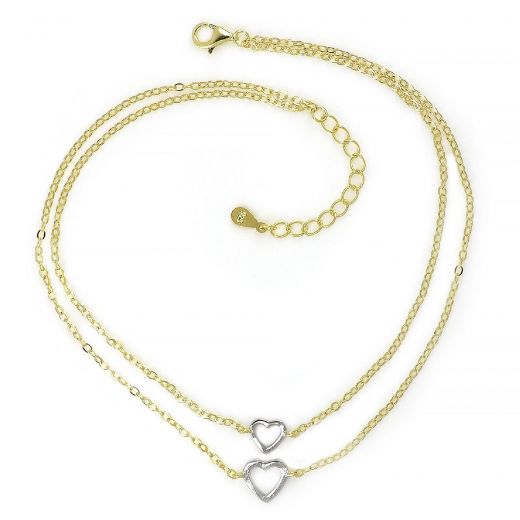 925 Sterling Silver anklet with a double gold plated chain and two silver hearts