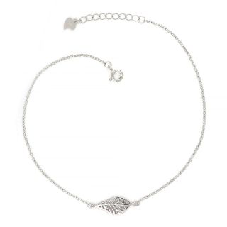 925 Sterling Silver rhodium plated anklet with a leaf in the anklet