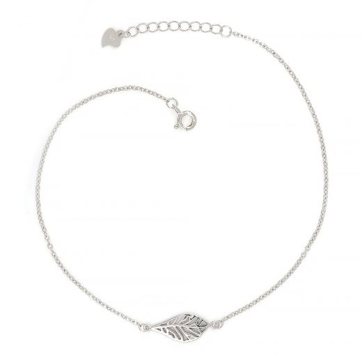 925 Sterling Silver rhodium plated anklet with a leaf in the anklet