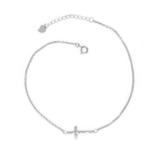 925 Sterling Silver rhodium plated anklet with a horizontal cross in the anklet
