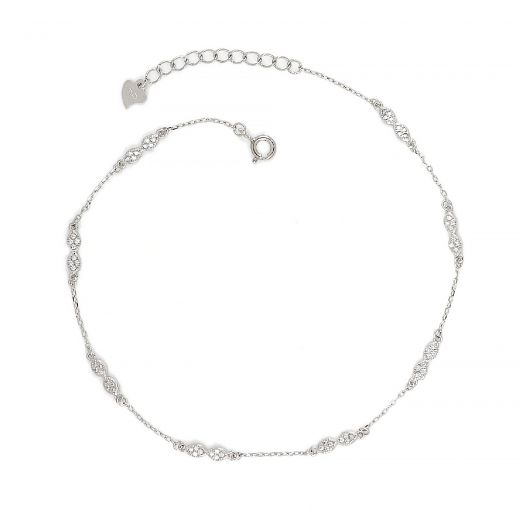 925 Sterling Silver rhodium plated anklet with elements adorned with white cubic zirconia