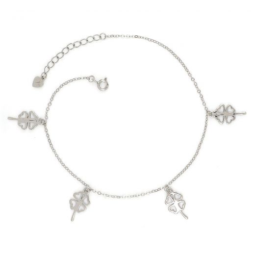 925 Sterling Silver rhodium plated anklet with pendant four-leaf clovers