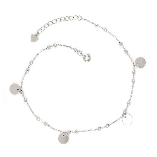 925 Sterling Silver rhodium plated anklet with circular elements and small balls