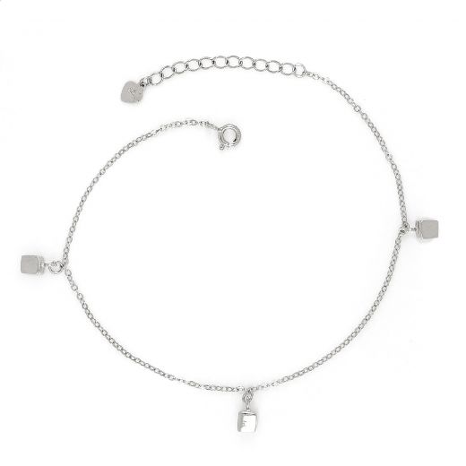 925 Sterling Silver rhodium plated anklet with three silver cubes