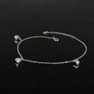 925 Sterling Silver rhodium plated anklet with three silver cubes - 