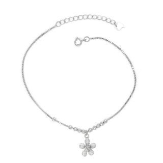 925 Sterling Silver rhodium plated anklet with balls and a flower in the middle