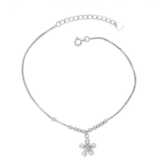 925 Sterling Silver rhodium plated anklet with balls and a flower in the middle