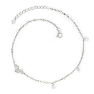 925 Sterling Silver rhodium plated anklet with white crystals and a butterfly