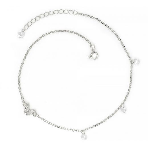 925 Sterling Silver rhodium plated anklet with white crystals and a butterfly
