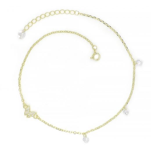 925 Sterling Silver gold plated anklet with white crystals and a butterfly