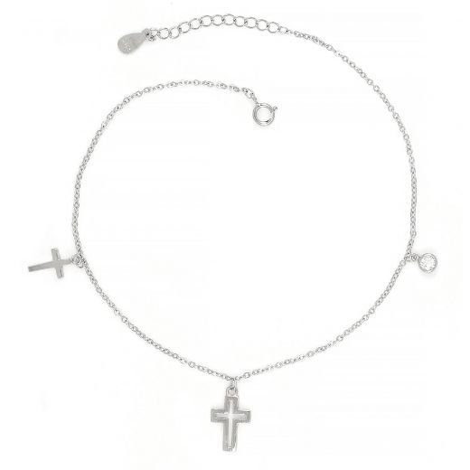 925 Sterling Silver rhodium plated anklet with two different crosses and a white crystal