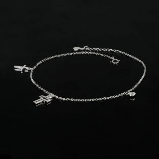 925 Sterling Silver rhodium plated anklet with two different crosses and a white crystal - 