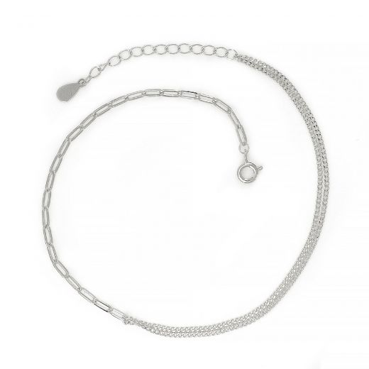 925 Sterling Silver rhodium plated anklet with half double chain and half galvanized chain