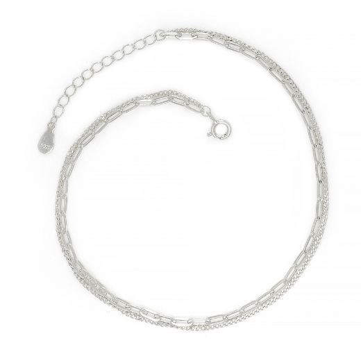 925 Sterling Silver rhodium plated anklet with a double chain and a galvanized chain