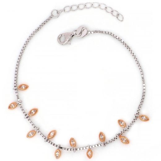925 Sterling Silver rose gold plated bracelet with leaves and white cubic zirconia