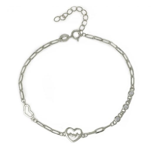 925 Sterling Silver rhodium plated bracelet with heart design with cardiogram and white cubic zirconia