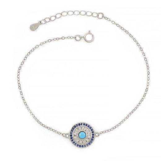925 Sterling Silver rhodium plated bracelet with blue cubic zirconia, crystals and evil eye
