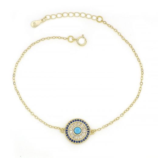 925 Sterling Silver gold plated bracelet with blue cubic zirconia, crystals and evil eye