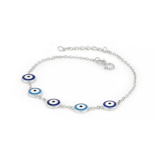925 Sterling Silver rhodium plated bracelet with light blue and blue evil eyes - 
