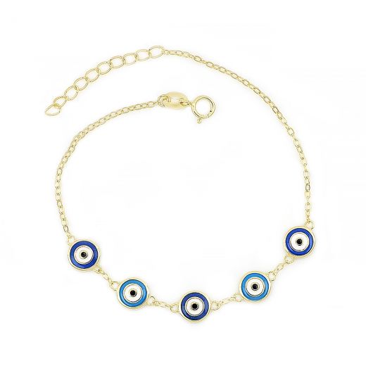 925 Sterling Silver gold plated bracelet with light blue and blue evil eyes