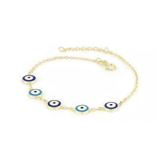 925 Sterling Silver gold plated bracelet with light blue and blue evil eyes - 