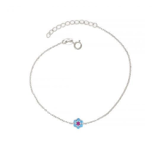 925 Sterling Silver rhodium plated bracelet with flower design, light blue cubic zirconia and one fuschia in the center