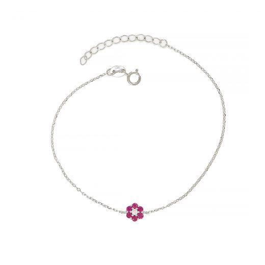 925 Sterling Silver rhodium plated bracelet with flower design, fuschia cubic zirconia and one white in the center
