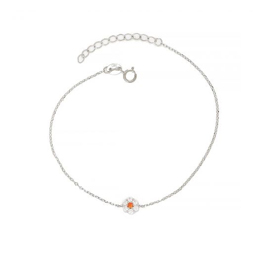 925 Sterling Silver rhodium plated bracelet with flower design, white cubic zirconia and one orange in the center