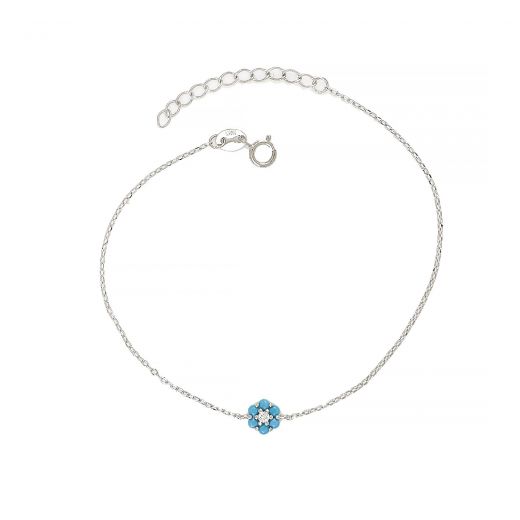 925 Sterling Silver rhodium plated bracelet with flower design, light blue stones and a white cubic zirconia in the center