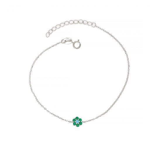 925 Sterling Silver rhodium plated bracelet with flower design, green cubic zirconia and a light blue in the center