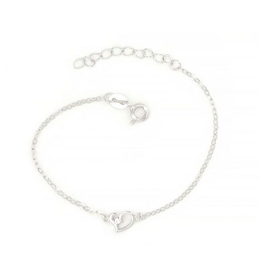 925 Sterling Silver rhodium plated kids bracelet, with a heart and cubic zirconia