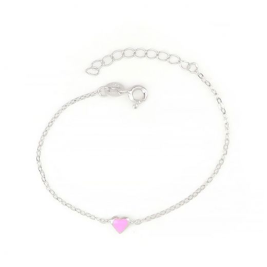 925 Sterling Silver rhodium plated kids bracelet, with a pink heart and cubic zirconia