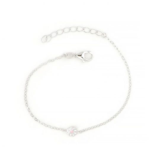 925 Sterling Silver rhodium plated kids bracelet, with a daisy of enamel