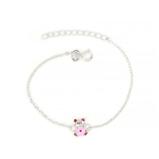 925 Sterling Silver rhodium plated kids bracelet, with a pink bear