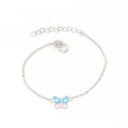 925 Sterling Silver rhodium plated kids bracelet, with a two colored butterfly
