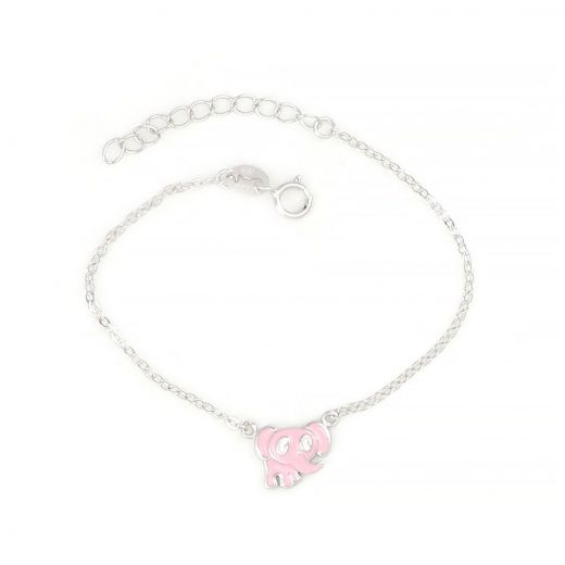 925 Sterling Silver rhodium plated kids bracelet, with a pink elephant